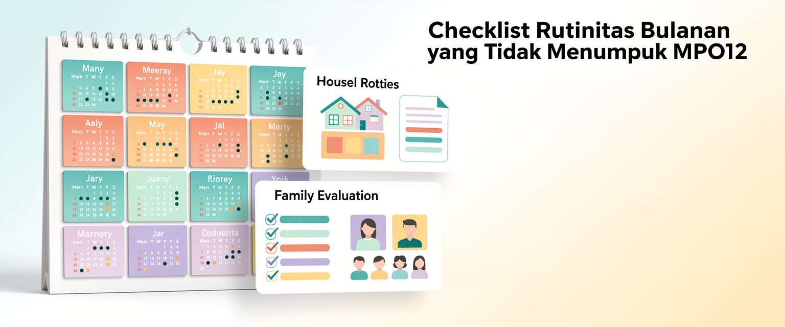 Ilustrasi checklist rutinitas bulanan yang tidak menumpuk untuk MPO12 dengan tema kalender 12 bulan untuk proyek rumah, catatan kerja, dan evaluasi keluarga.
