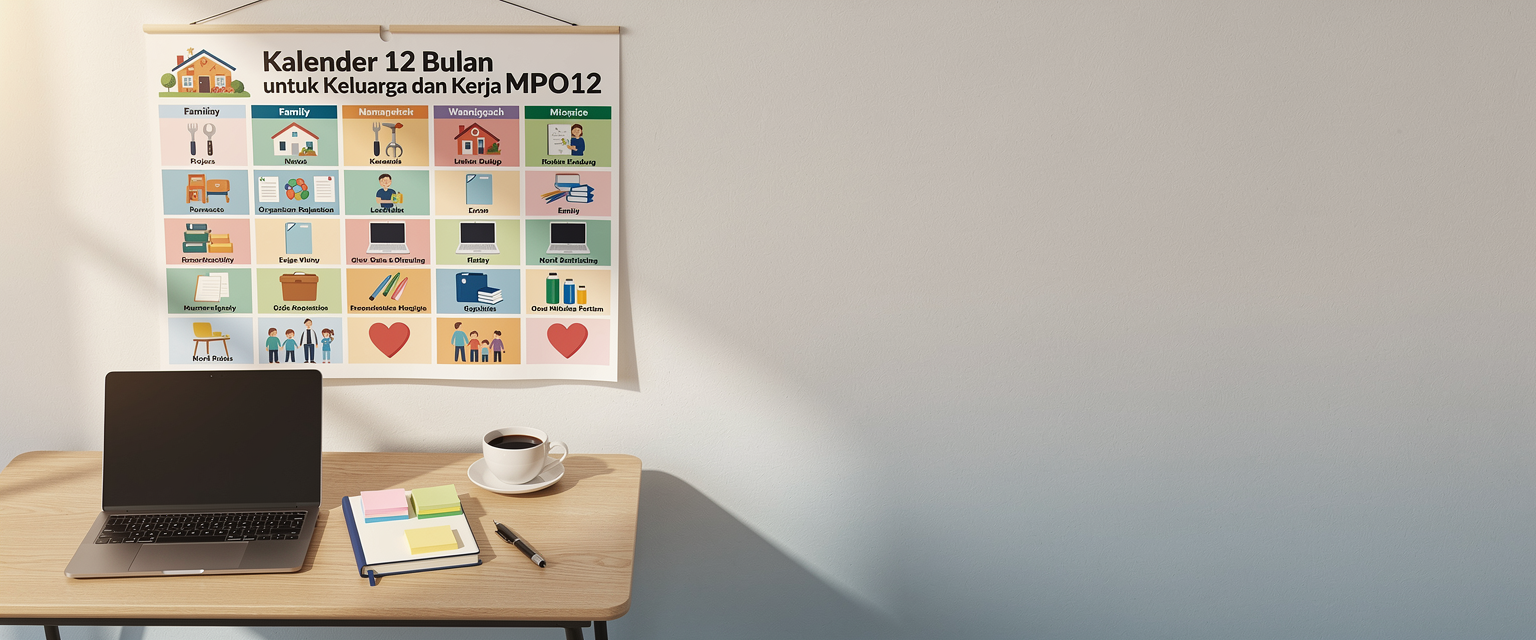Ilustrasi kalender 12 bulan untuk keluarga dan kerja untuk MPO12 dengan tema kalender 12 bulan untuk proyek rumah, catatan kerja, dan evaluasi keluarga.
